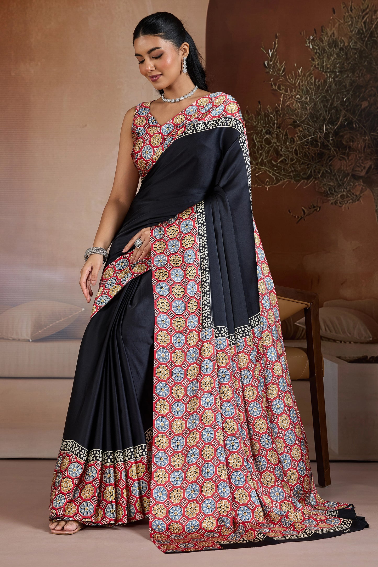 Black Ajrakh Print Satin Saree-SAR11839_3_SareeButa.com