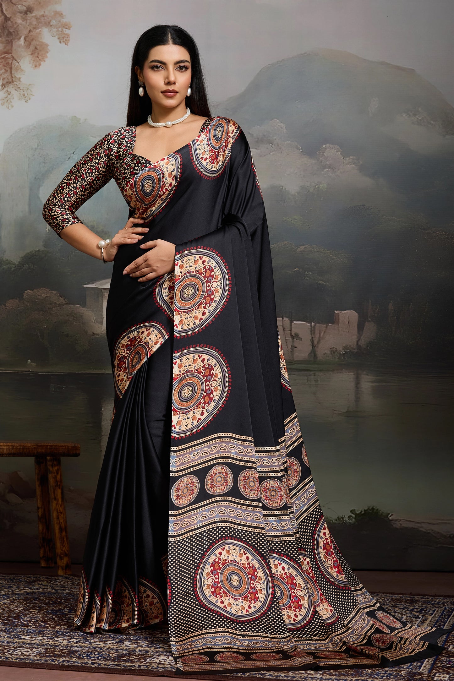 Black Ajrakh Print Satin Saree-SAR11865_1_SareeButa.com