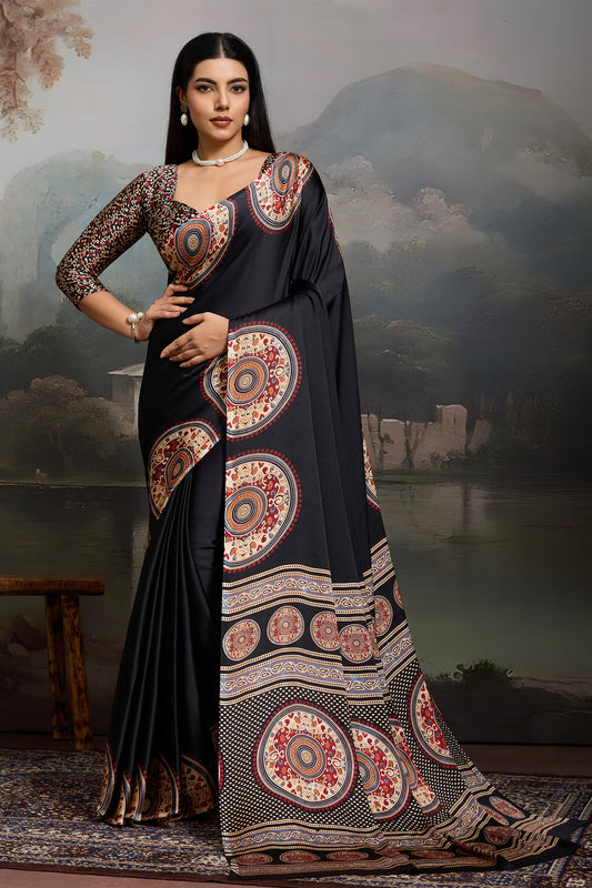 Black Ajrakh Print Satin Saree-SAR11865_1_SareeButa.com