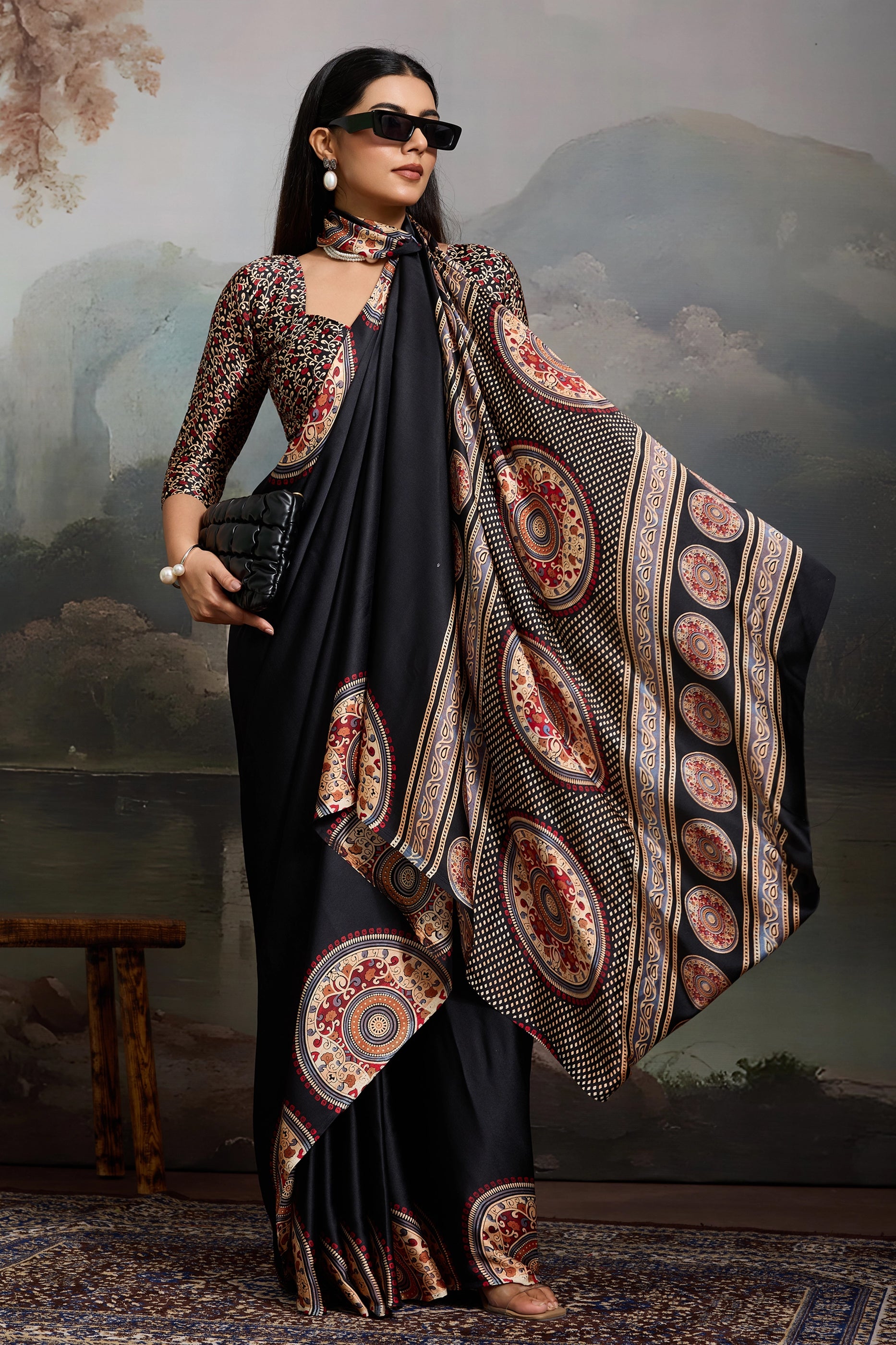 Black Ajrakh Print Satin Saree-SAR11865_3_SareeButa.com