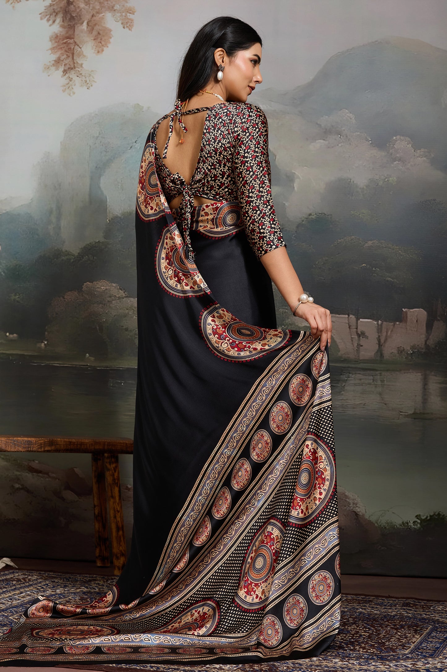 Black Ajrakh Print Satin Saree-SAR11865_4_SareeButa.com