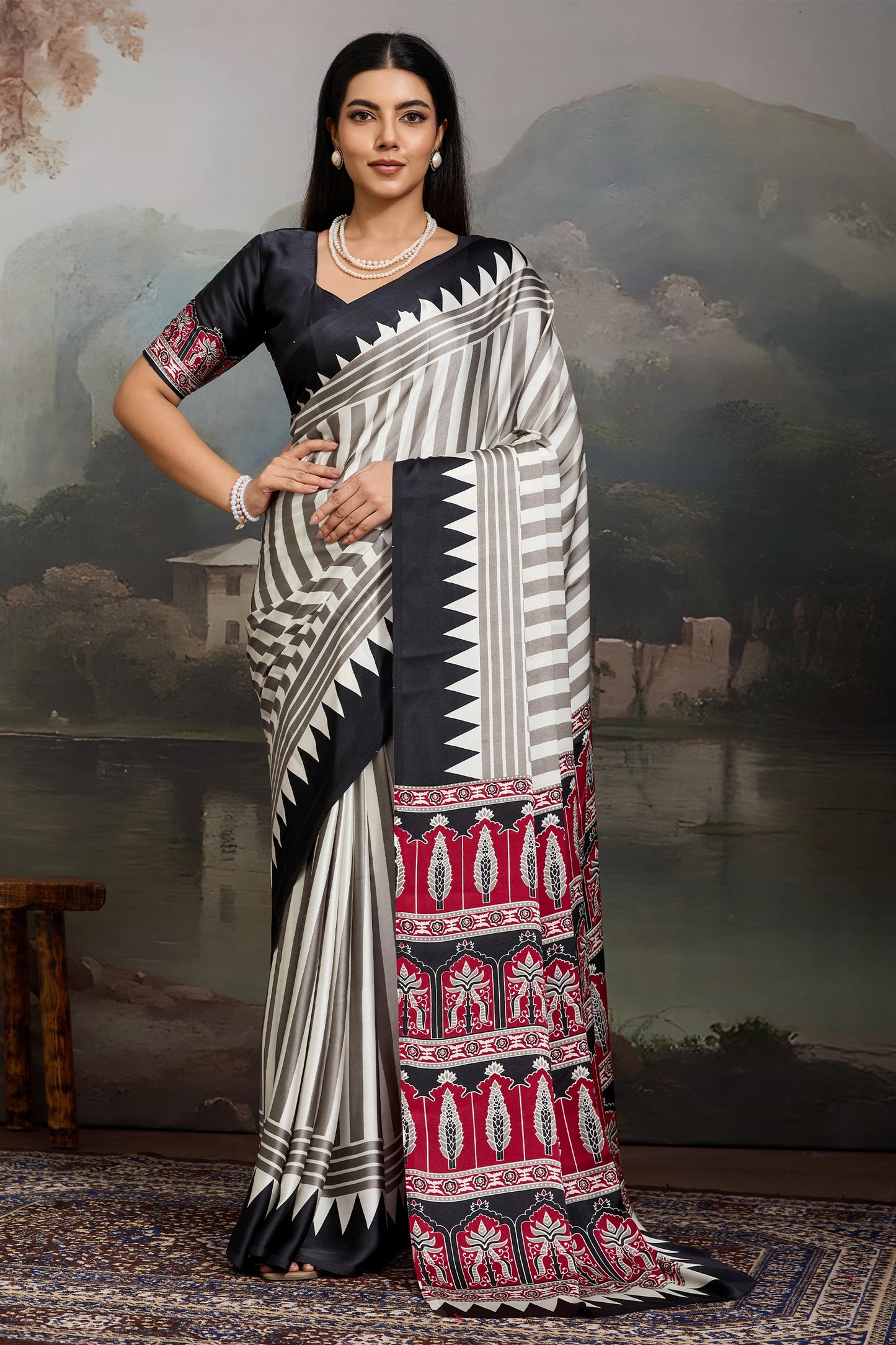 Black Ajrakh Print Satin Saree-SAR11872_1_SareeButa.com