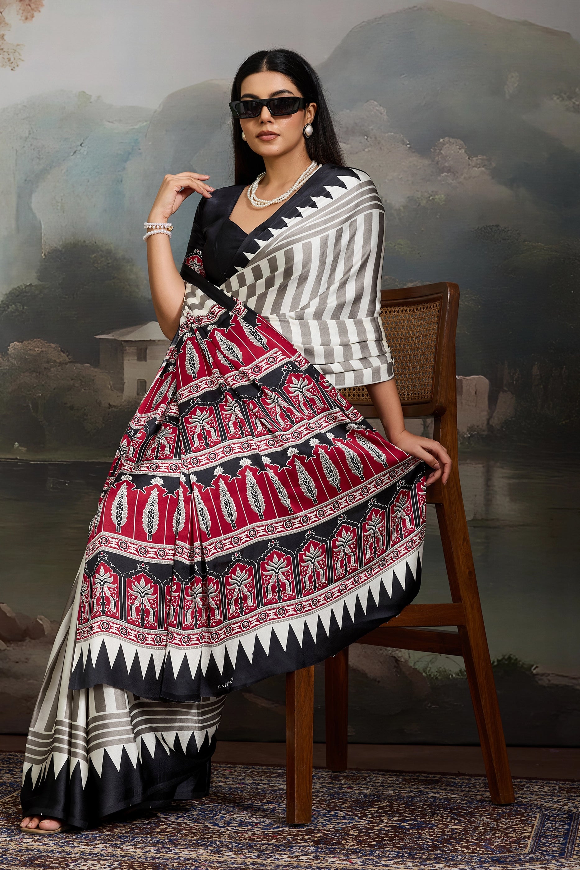 Black Ajrakh Print Satin Saree-SAR11872_3_SareeButa.com