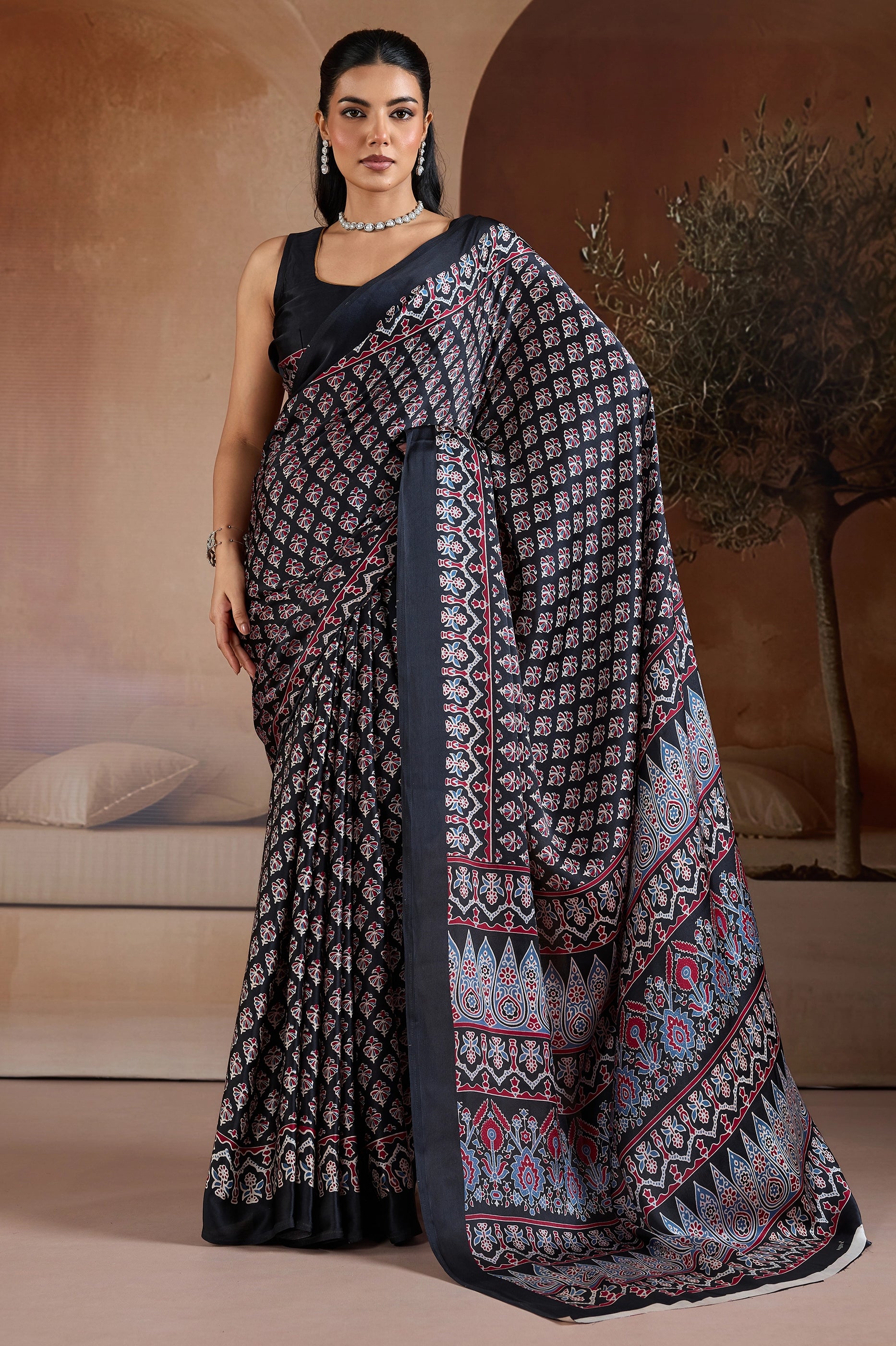 Black Ajrakh Print Satin Saree-SAR11900_1_SareeButa.com
