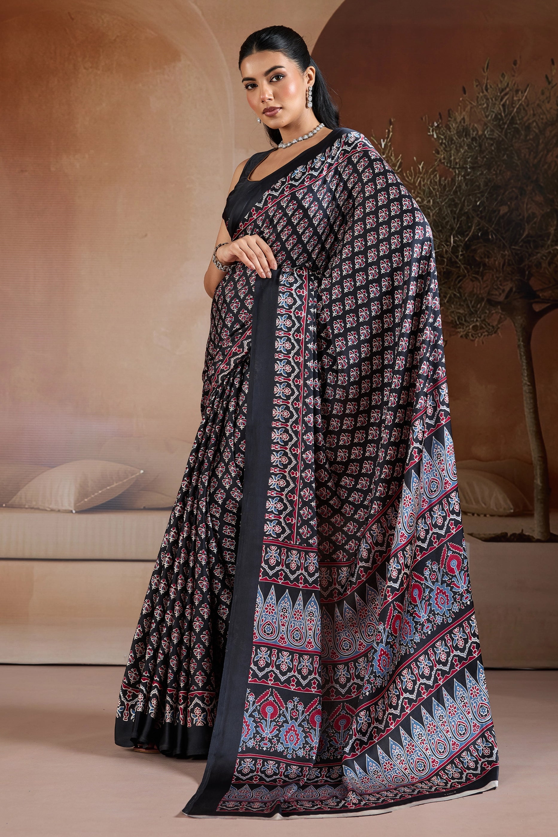 Black Ajrakh Print Satin Saree-SAR11900_3_SareeButa.com