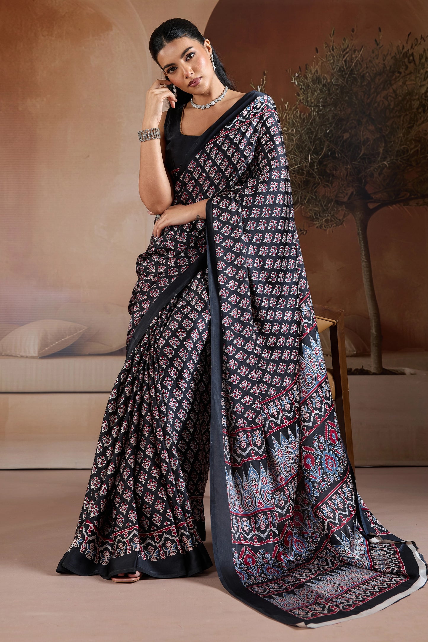 Black Ajrakh Print Satin Saree-SAR11900_4_SareeButa.com