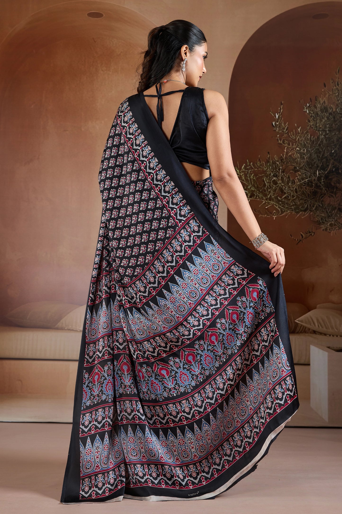 Black Ajrakh Print Satin Saree-SAR11900_5_SareeButa.com