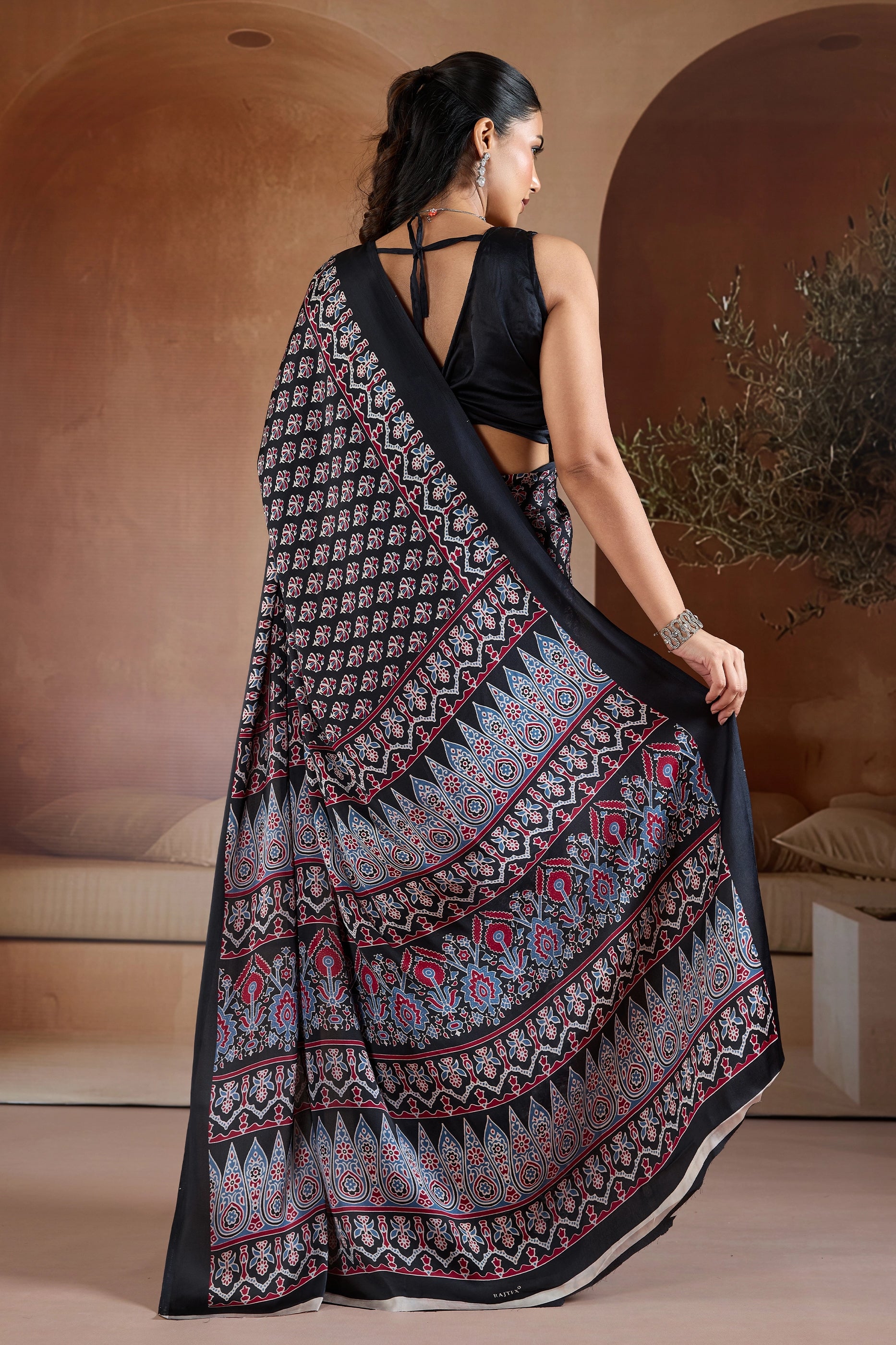 Black Ajrakh Print Satin Saree-SAR11900_5_SareeButa.com