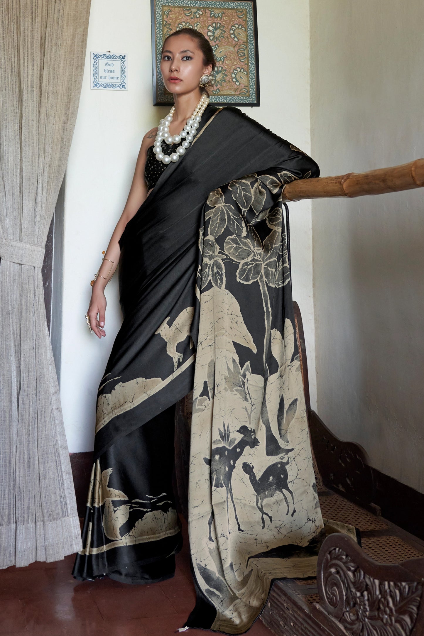 Black And Beige Print Satin Saree-SAR11884_1_SareeButa.com