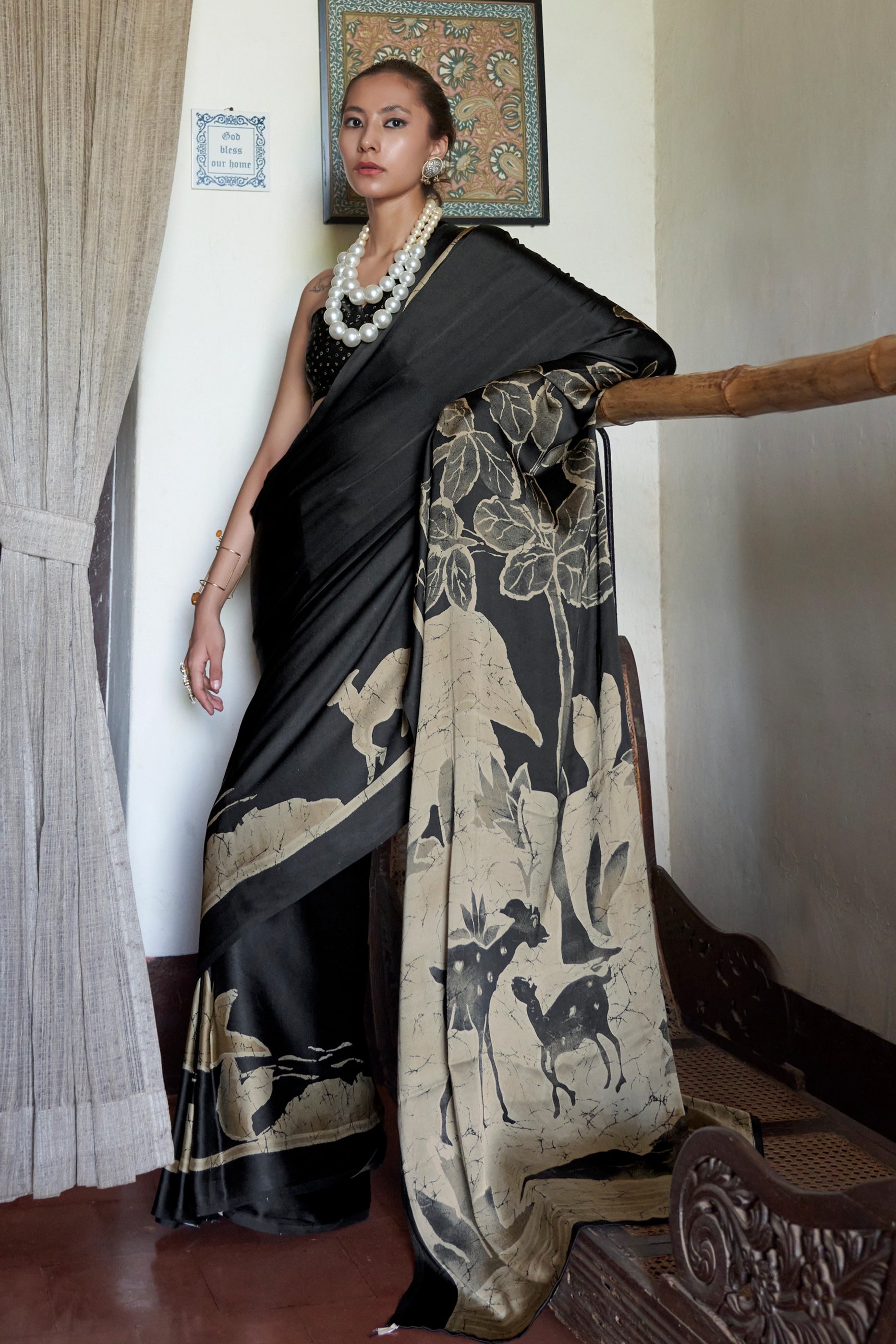 Black And Beige Print Satin Saree-SAR11884_1_SareeButa.com