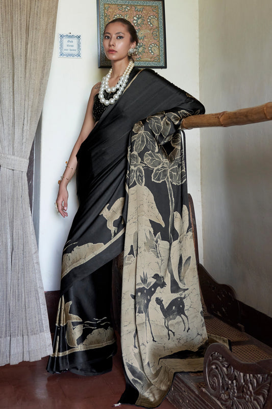 Black And Beige Print Satin Saree-SAR11884_1_SareeButa.com