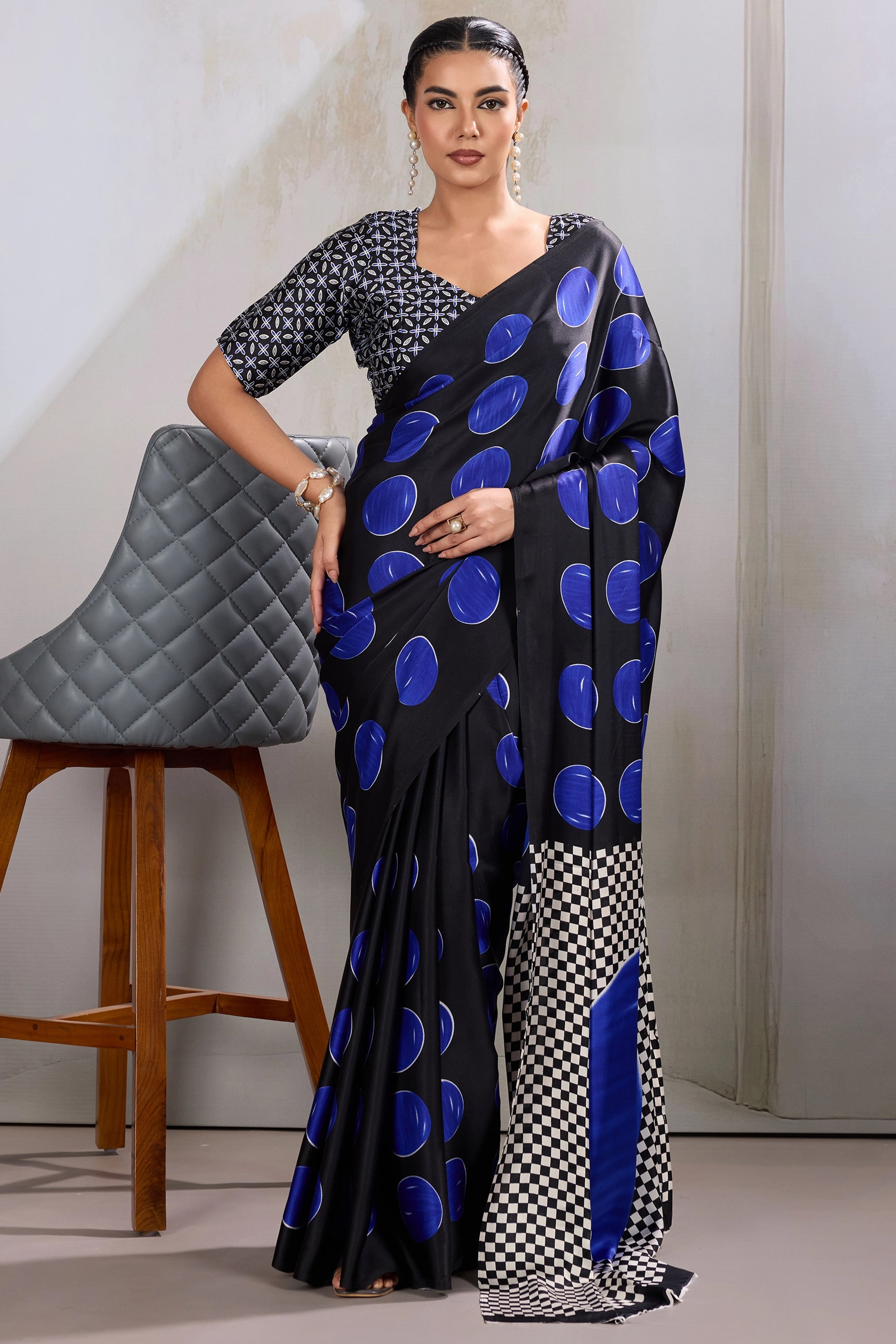 Black And Blue Printed Satin Saree-SAR11857_1_SareeButa.com