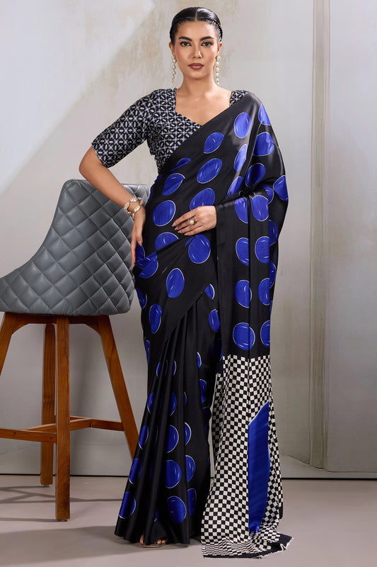Black And Blue Printed Satin Saree-SAR11857_1_SareeButa.com