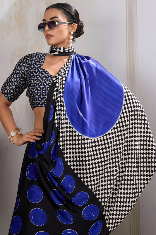 Black And Blue Printed Satin Saree-SAR11857_2_SareeButa.com