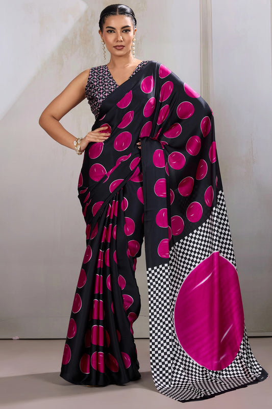 Black And Pink Printed Satin Saree-SAR11859_1_SareeButa.com