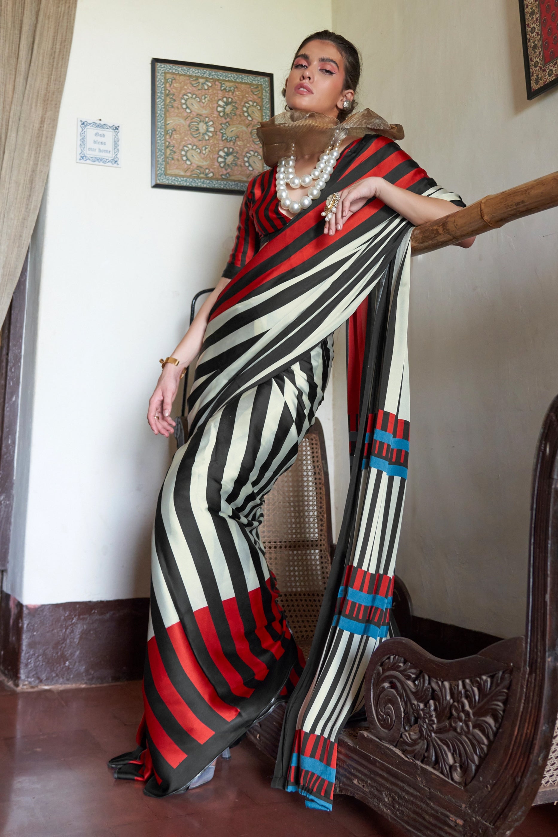 Black And White Bold Stripe Print Satin Saree-SAR11887_1_SareeButa.com