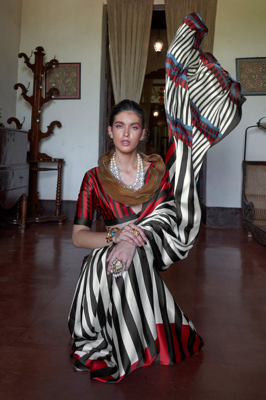 Black And White Bold Stripe Print Satin Saree-SAR11887_2_SareeButa.com