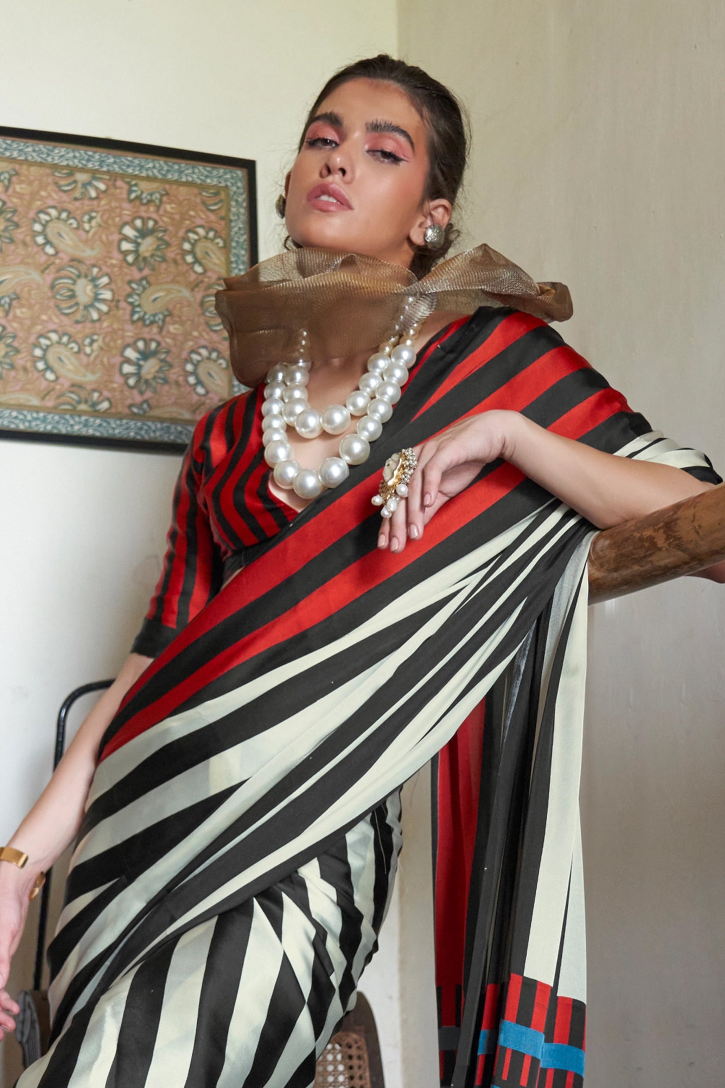 Black And White Bold Stripe Print Satin Saree-SAR11887_3_SareeButa.com