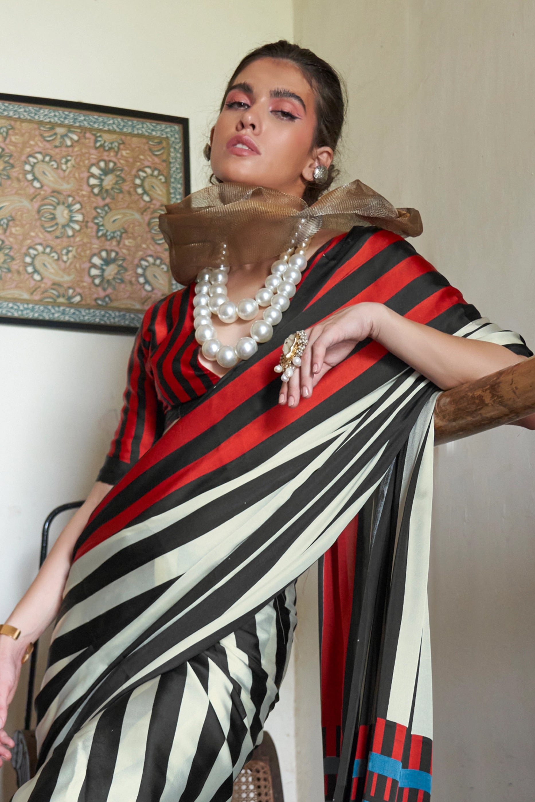 Black And White Bold Stripe Print Satin Saree-SAR11887_3_SareeButa.com