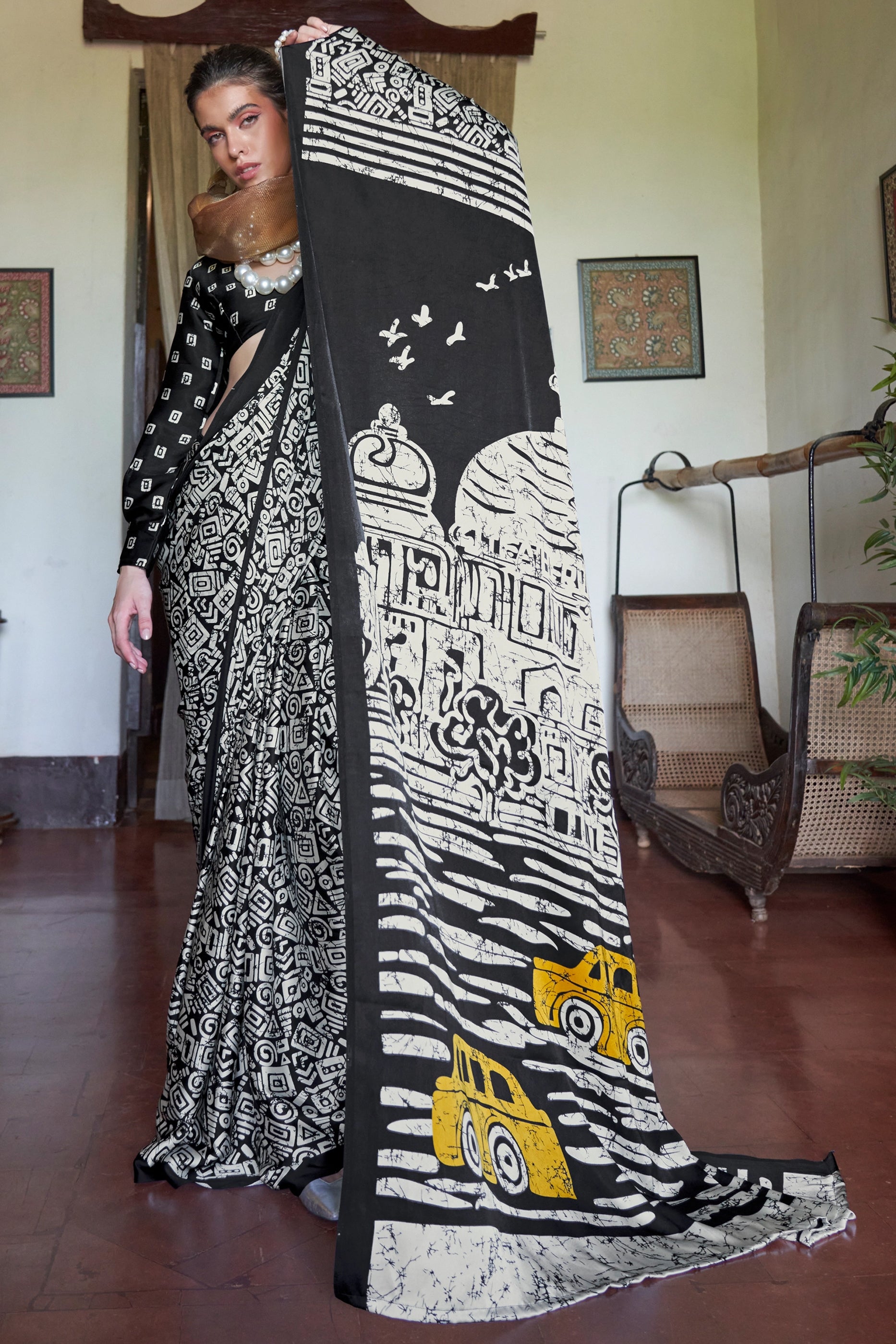Black And White Print Satin Saree-SAR11885_1_SareeButa.com