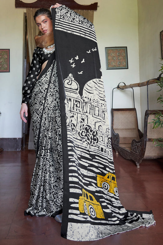 Black And White Print Satin Saree-SAR11885_1_SareeButa.com