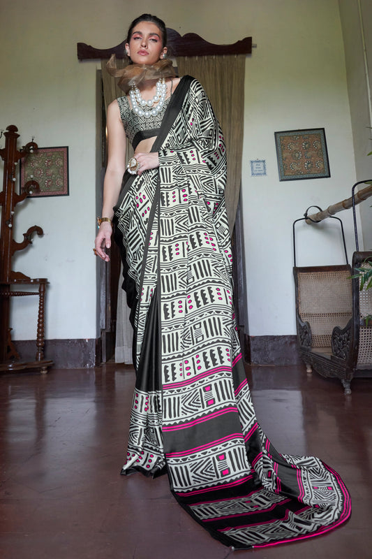 Black And White Print Satin Saree-SAR11888_1_SareeButa.com