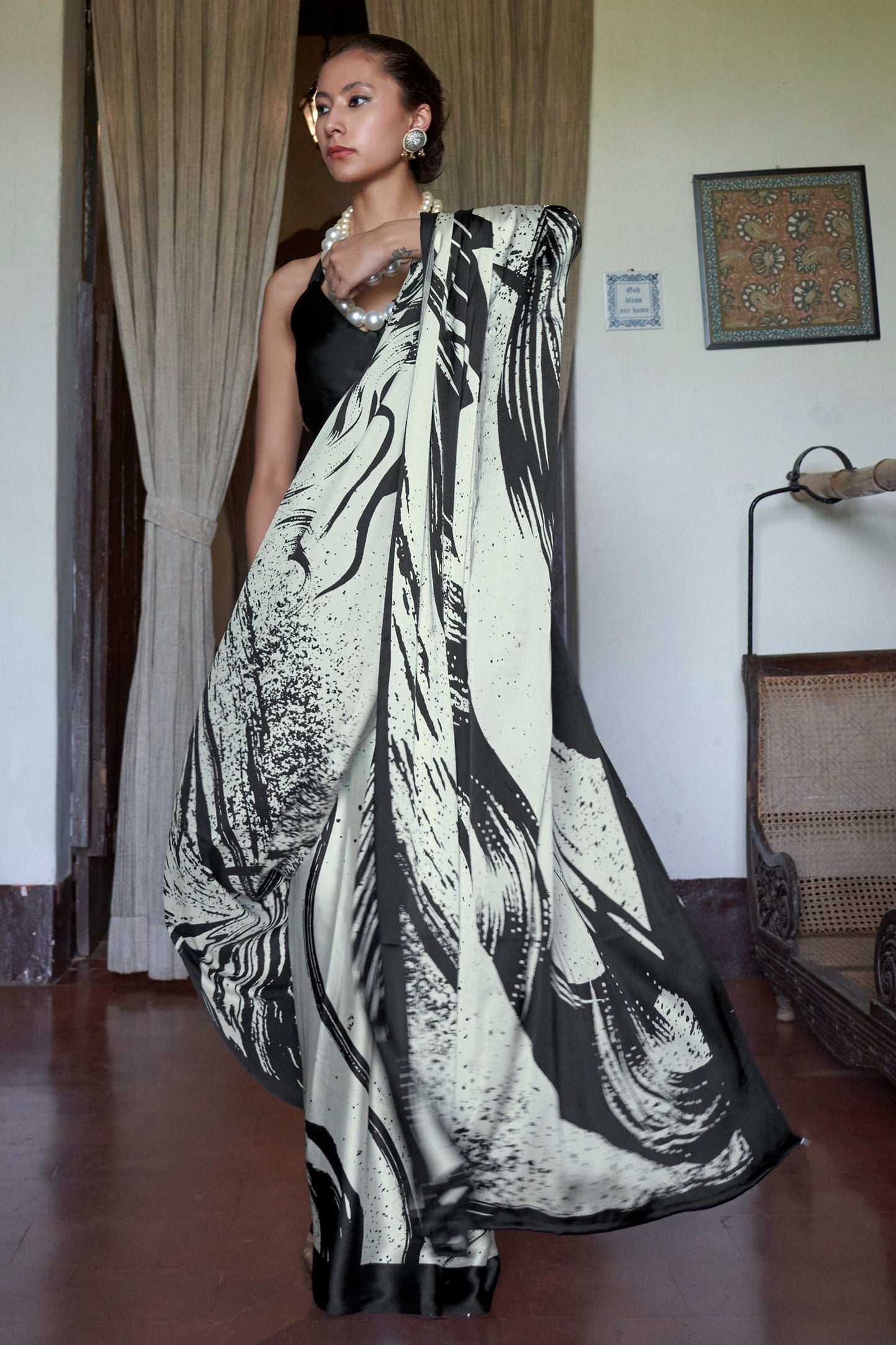 Black And White Print Satin Saree-SAR11889_1_SareeButa.com