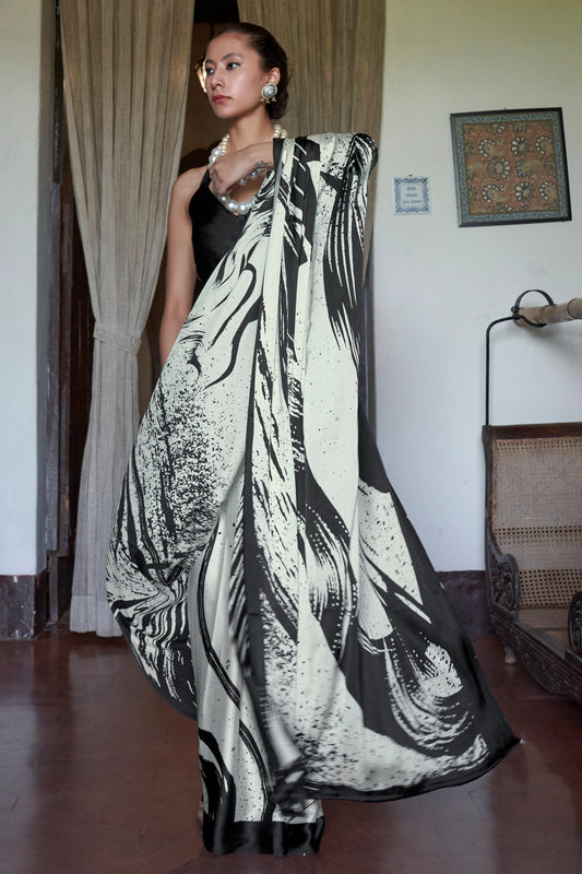 Black And White Print Satin Saree-SAR11889_1_SareeButa.com