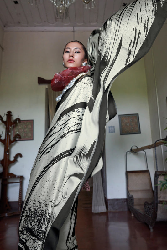 Black And White Print Satin Saree-SAR11889_2_SareeButa.com