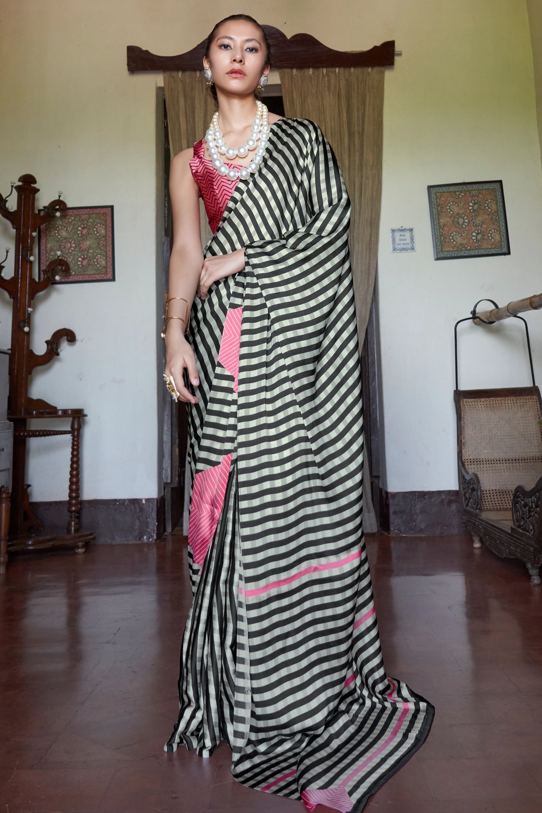 Black And White thin Stripe Print Satin Saree-SAR11886_1_SareeButa.com