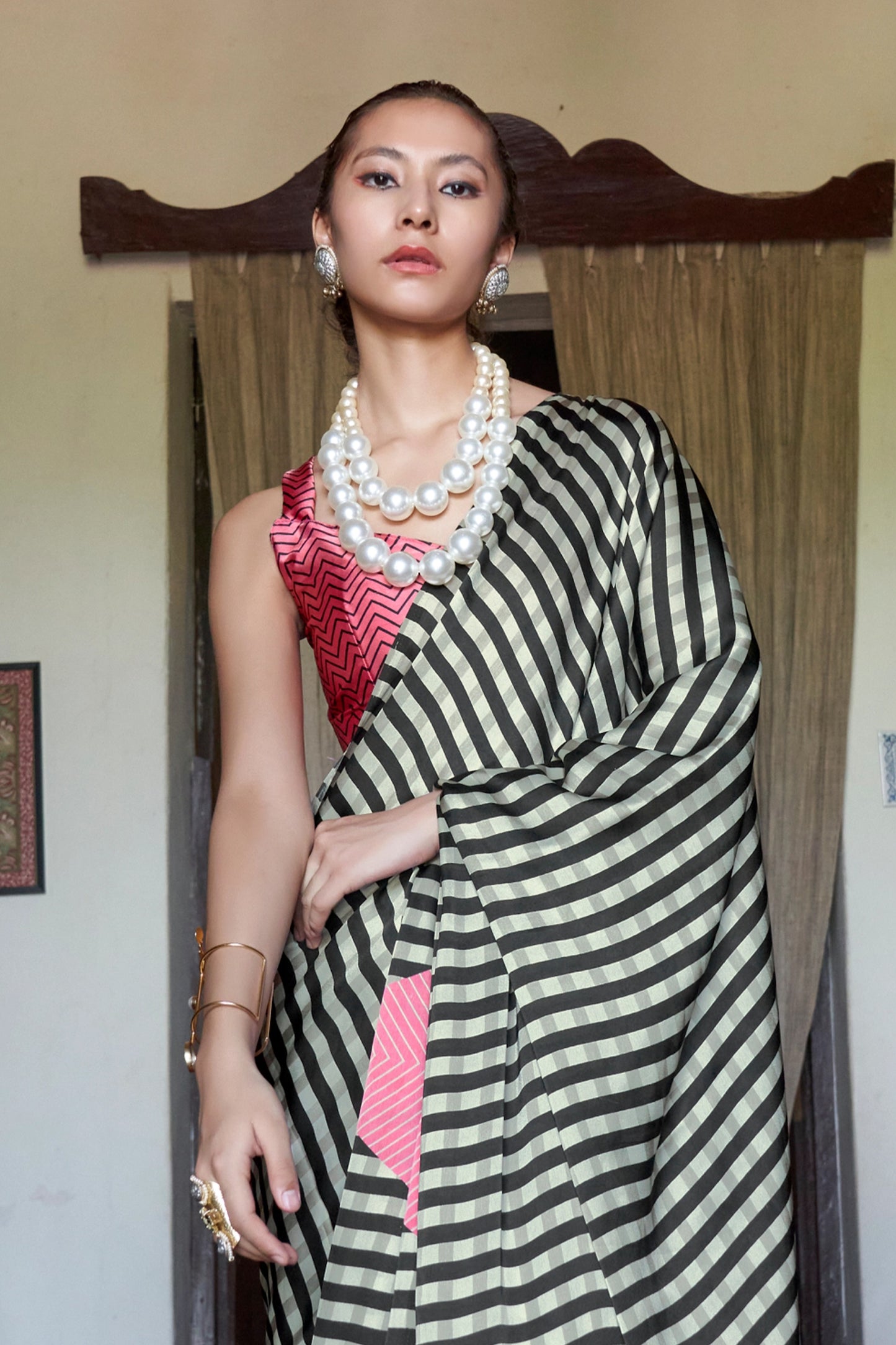 Black And White thin Stripe Print Satin Saree-SAR11886_3_SareeButa.com