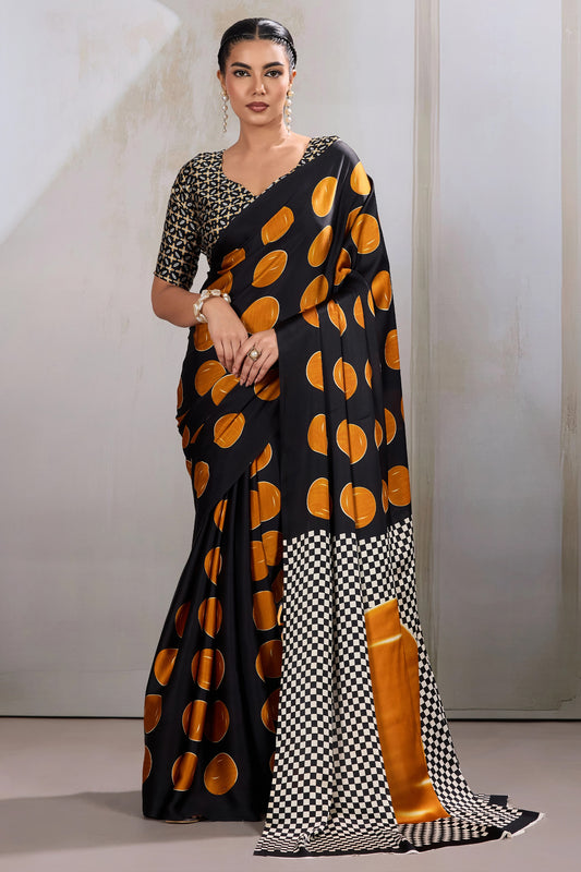 Black And Yellow Printed Satin Saree-SAR11856_1_SareeButa.com