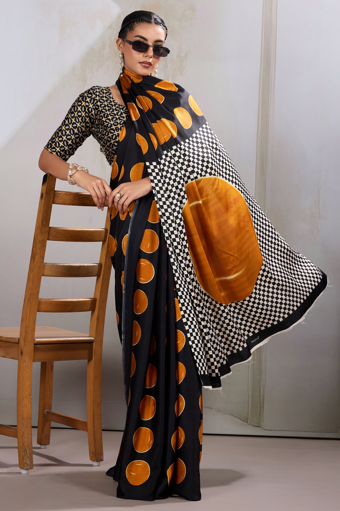 Black And Yellow Printed Satin Saree-SAR11856_3_SareeButa.com