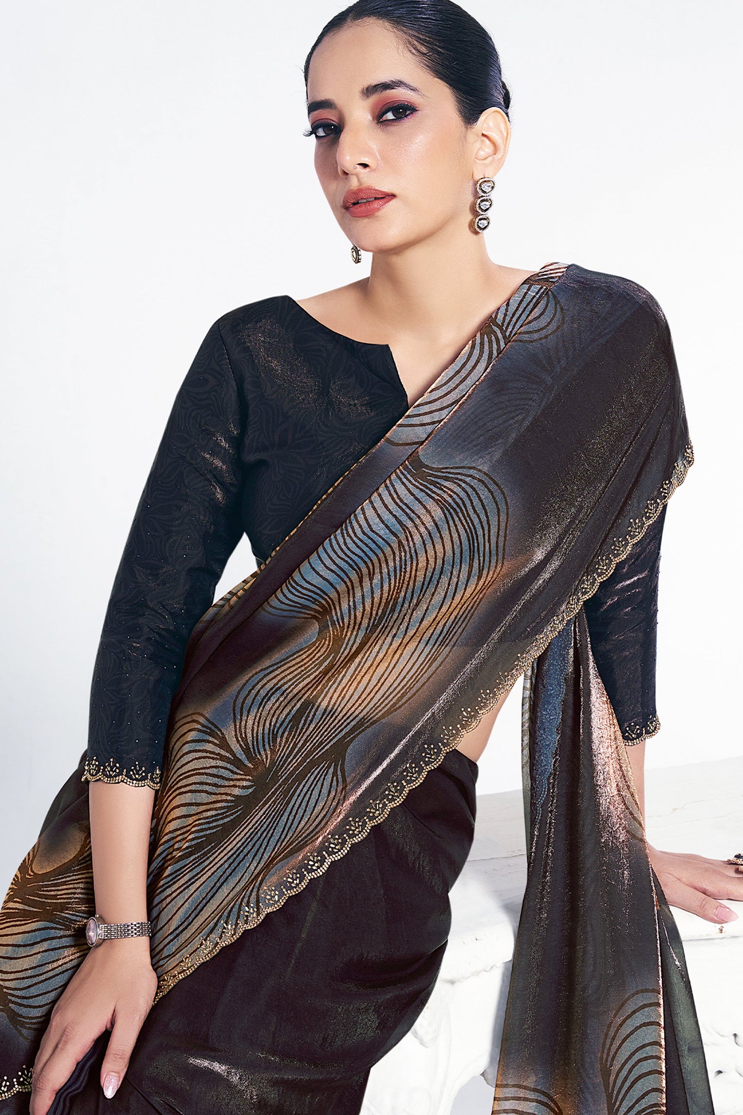 Black Digital Printed Satin Silk Saree-SAR10269_2_SareeButa.com