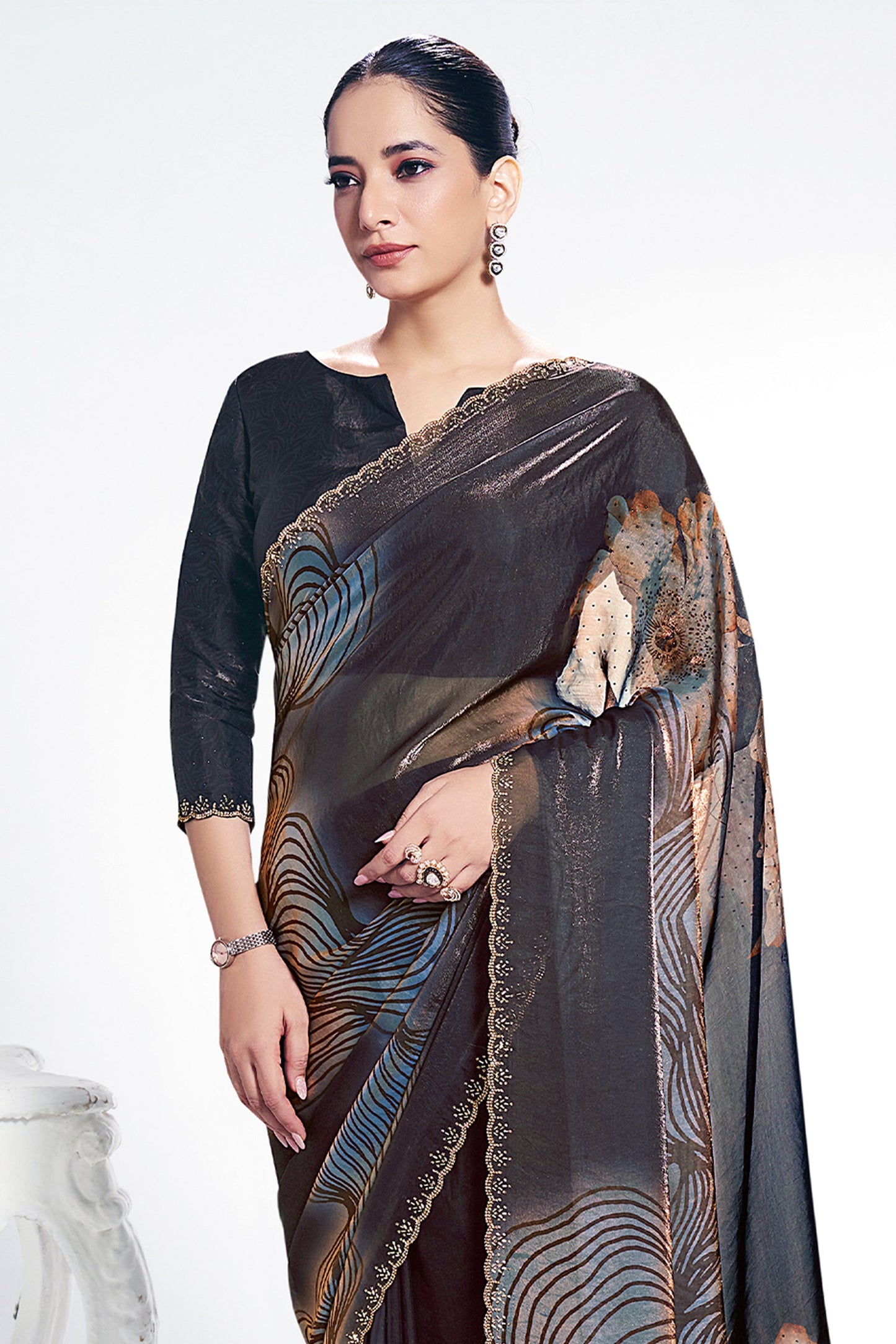 Black Digital Printed Satin Silk Saree-SAR10269_3_SareeButa.com