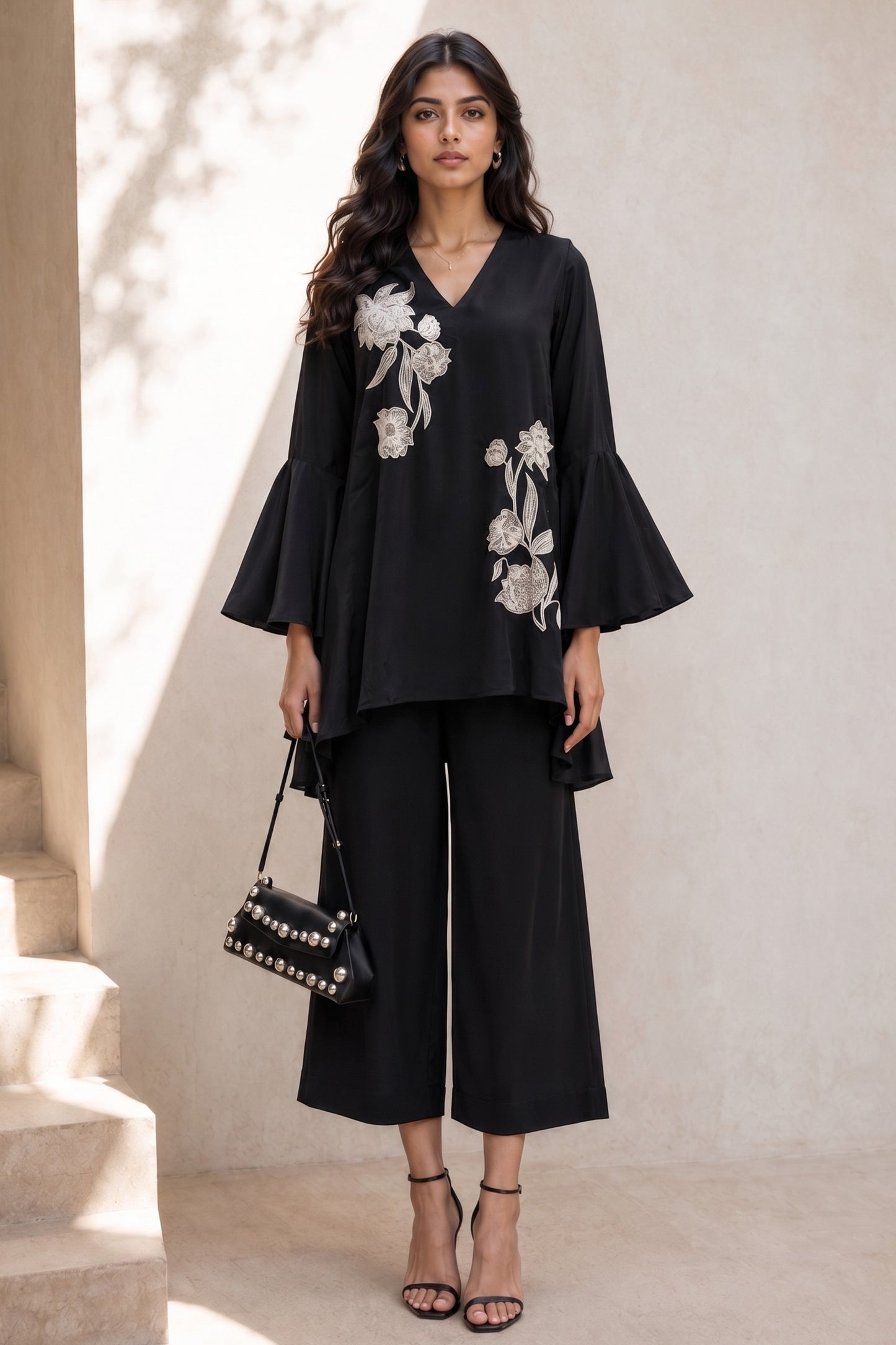 Black Embroidered Crepe Co-Ord Set-SAR13123_1_SareeButa.com