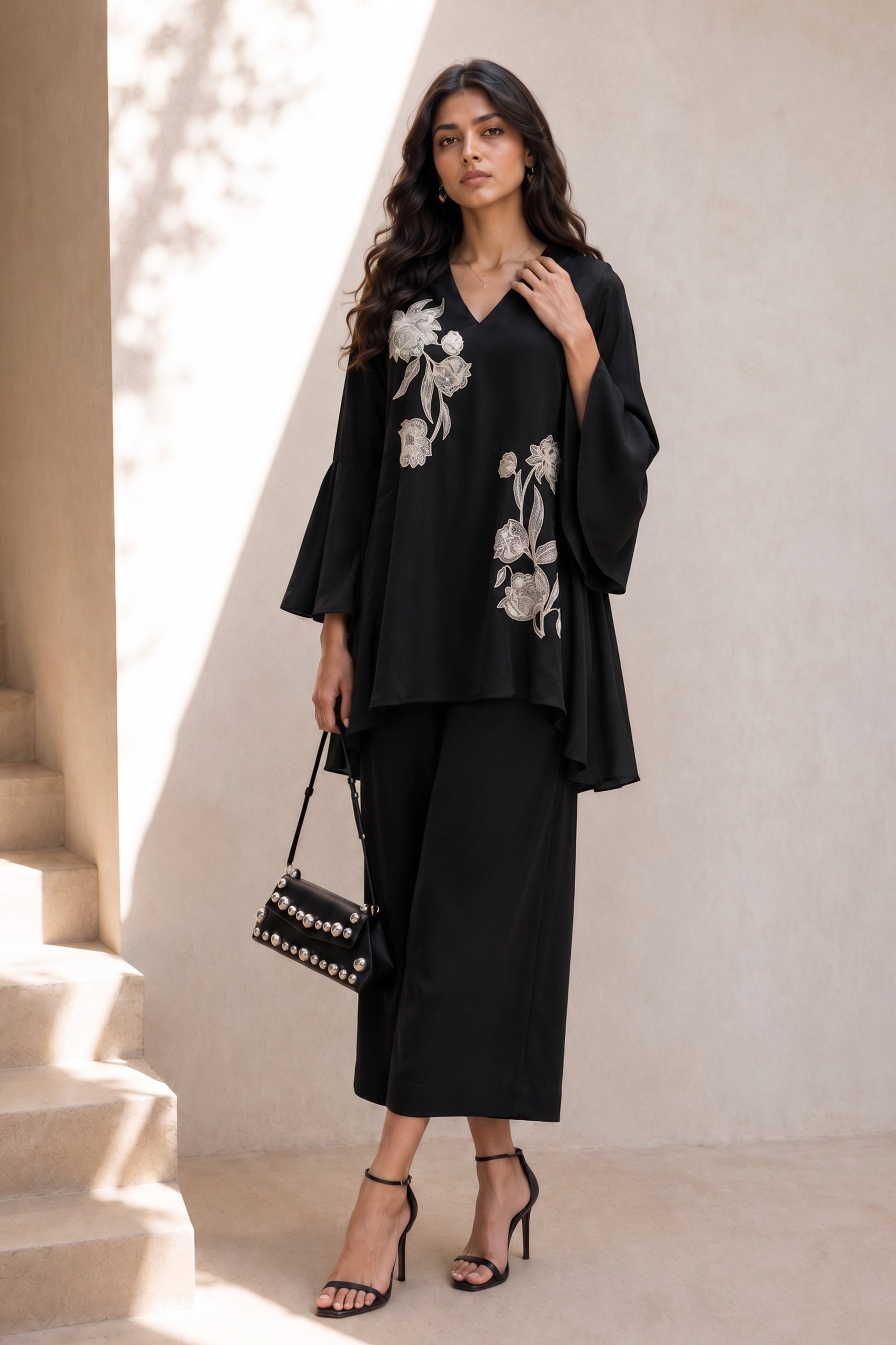 Black Embroidered Crepe Co-Ord Set-SAR13123_2_SareeButa.com