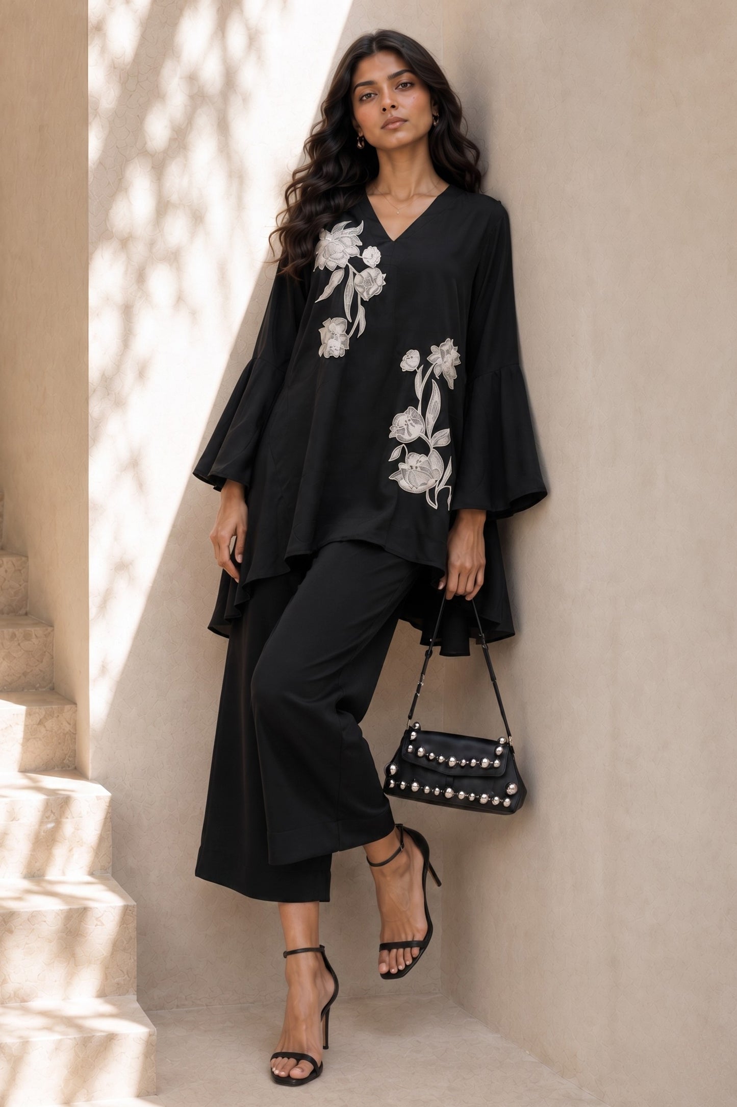 Black Embroidered Crepe Co-Ord Set-SAR13123_3_SareeButa.com