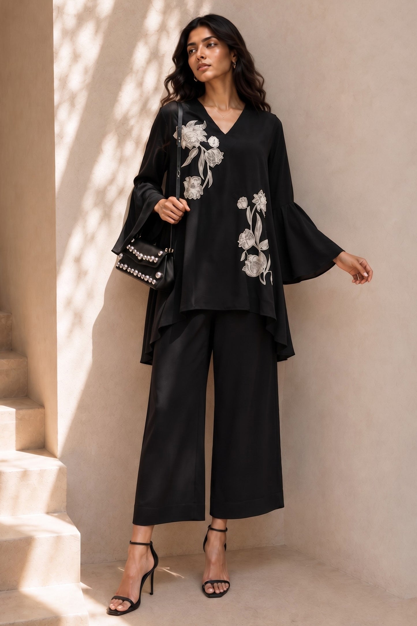 Black Embroidered Crepe Co-Ord Set-SAR13123_4_SareeButa.com
