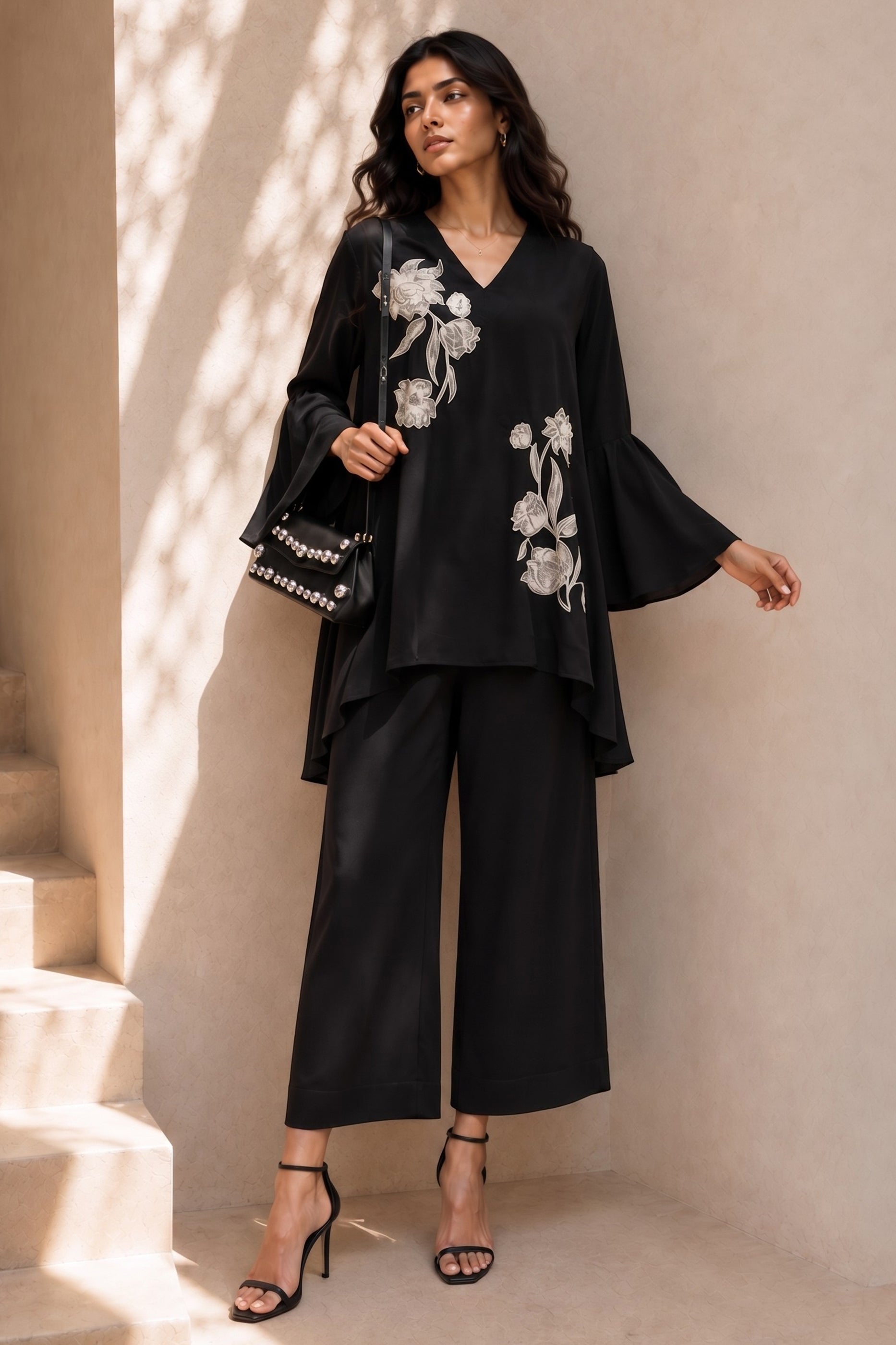 Black Embroidered Crepe Co-Ord Set-SAR13123_4_SareeButa.com