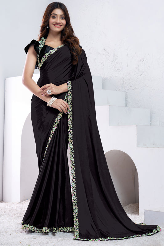 Black Embroidered Crepe Silk Saree