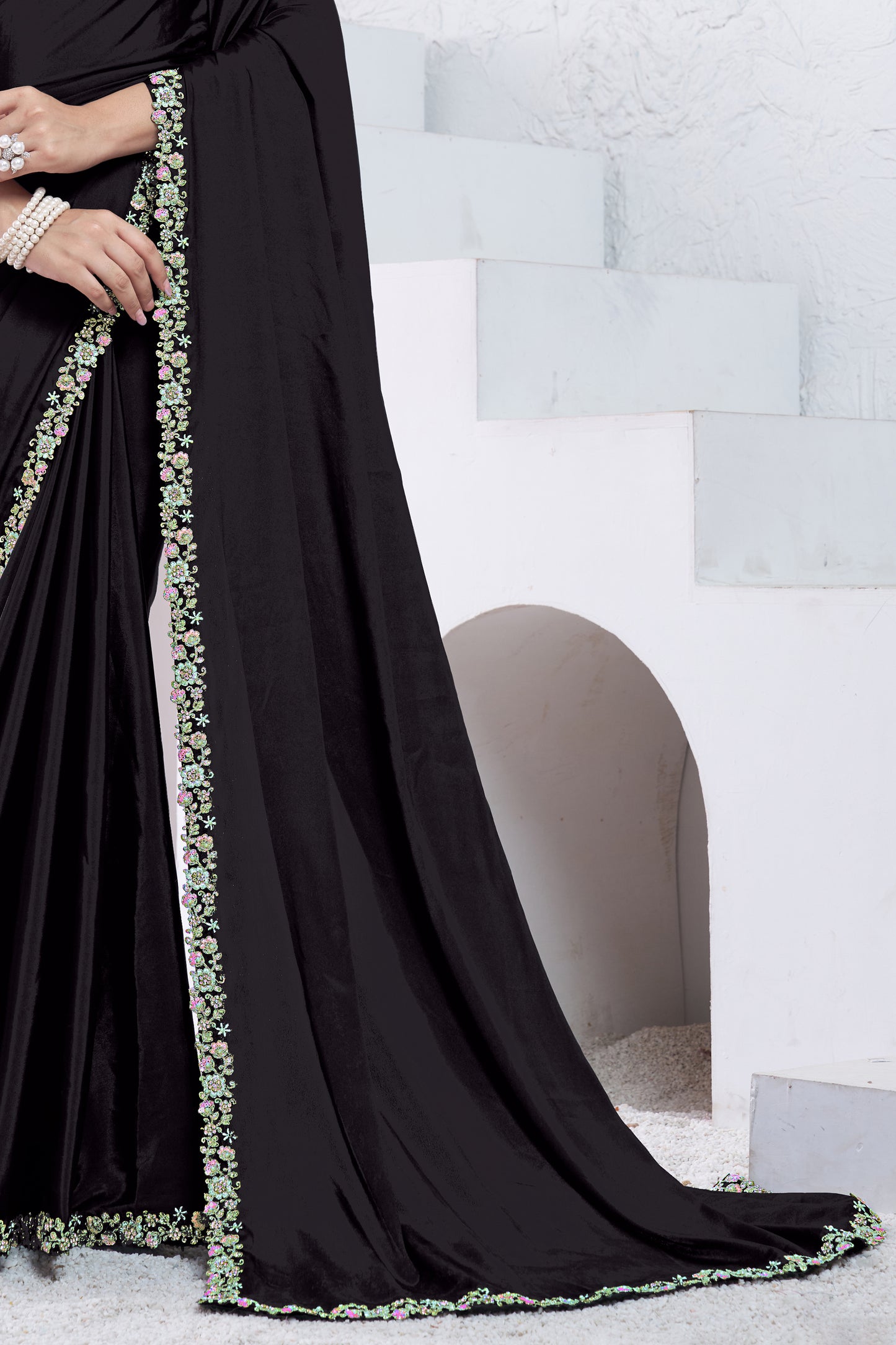 Black Embroidered Crepe Silk Saree