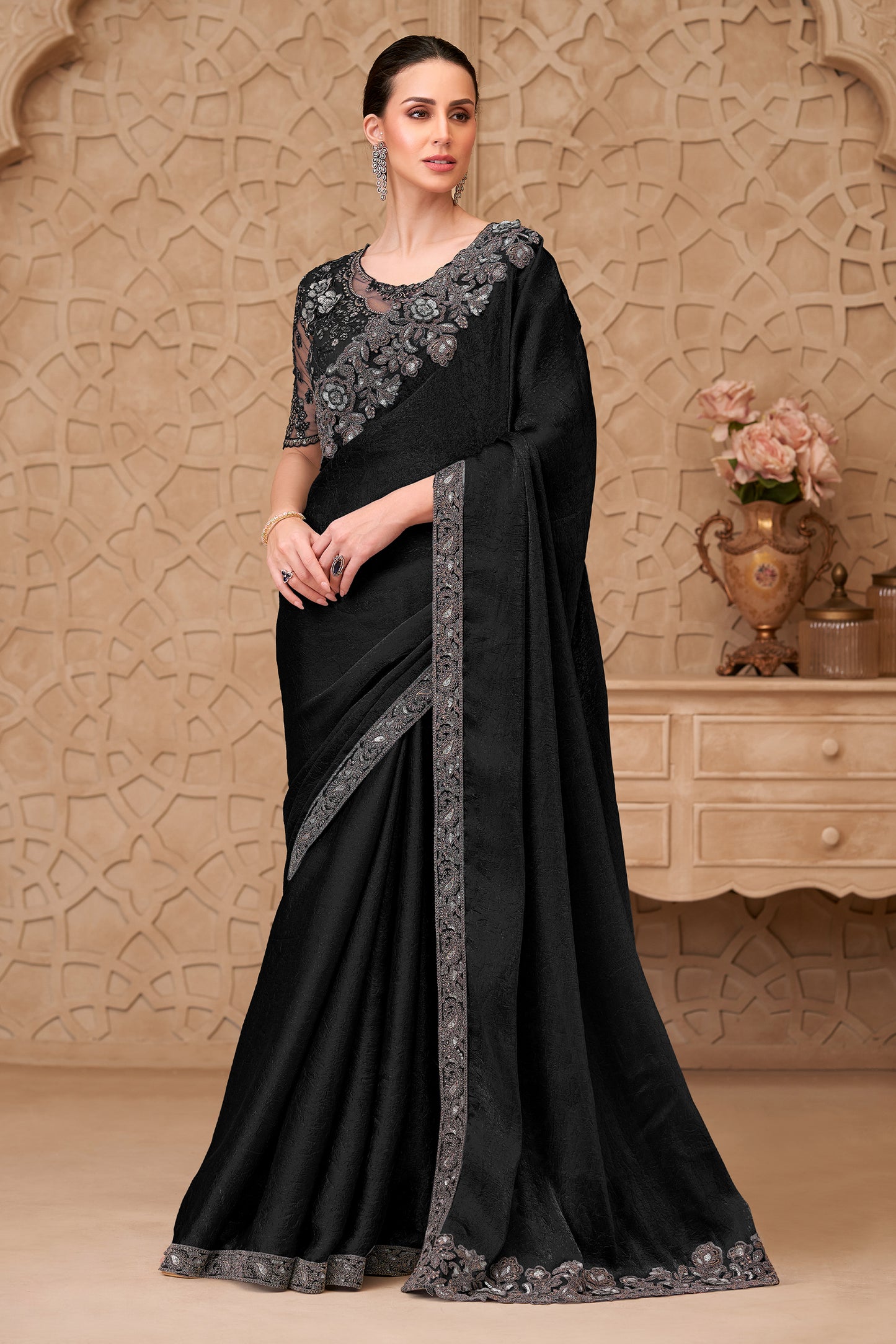 Black Embroidered Crush Satin Georgette Saree-SAR12461_1_SareeButa.com