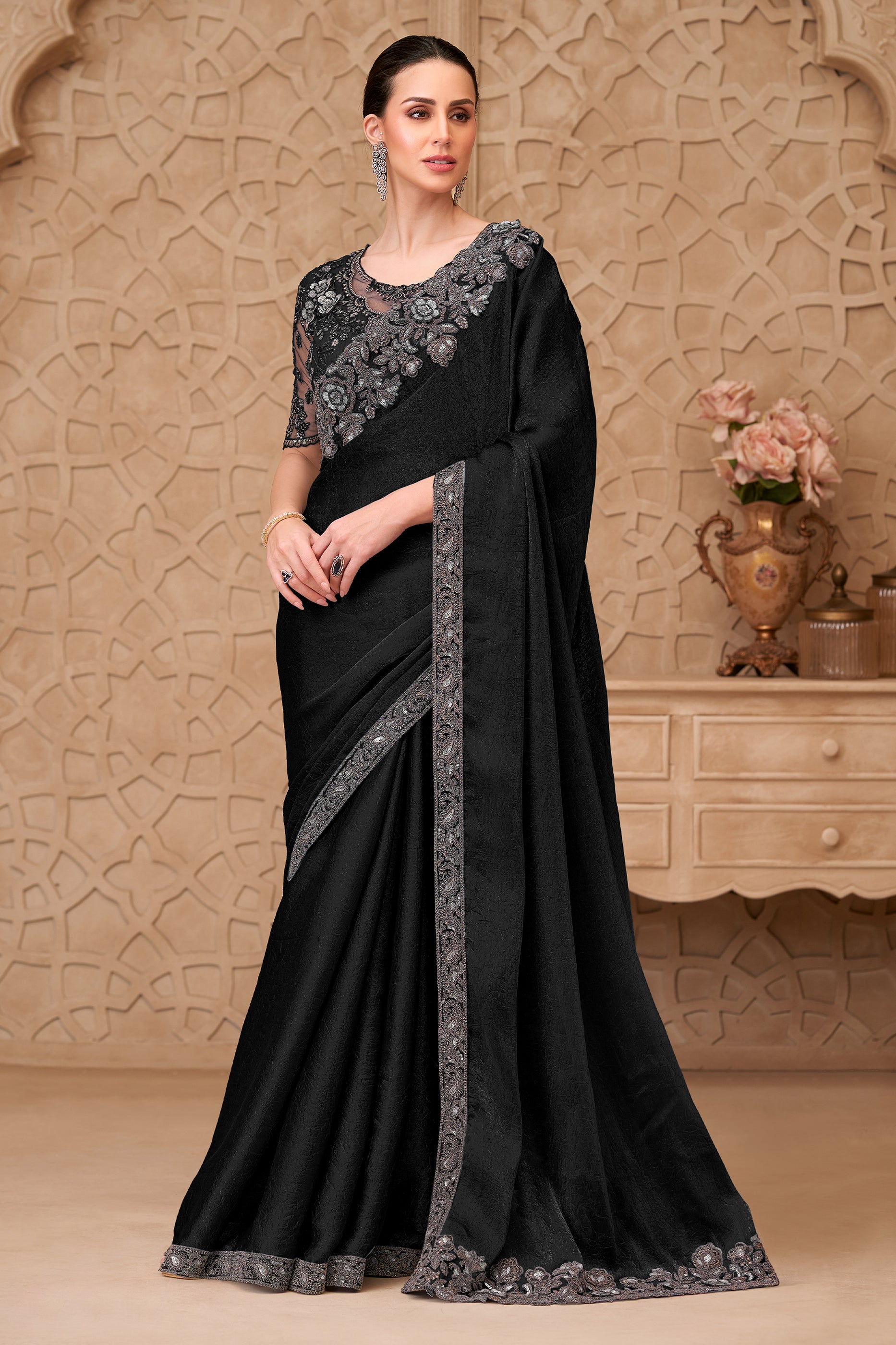 Black Embroidered Crush Satin Georgette Saree-SAR12461_1_SareeButa.com