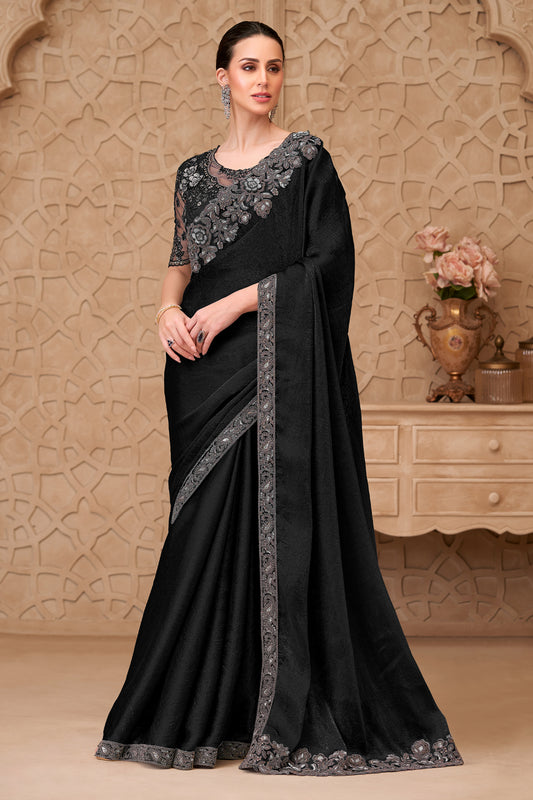 Black Embroidered Crush Satin Georgette Saree-SAR12461_1_SareeButa.com