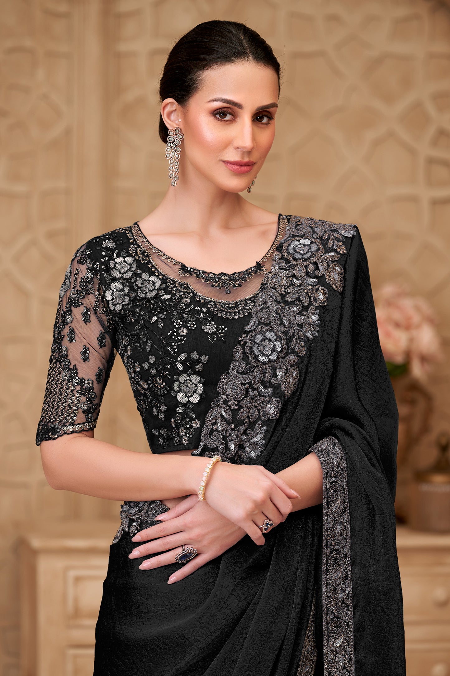 Black Embroidered Crush Satin Georgette Saree-SAR12461_2_SareeButa.com