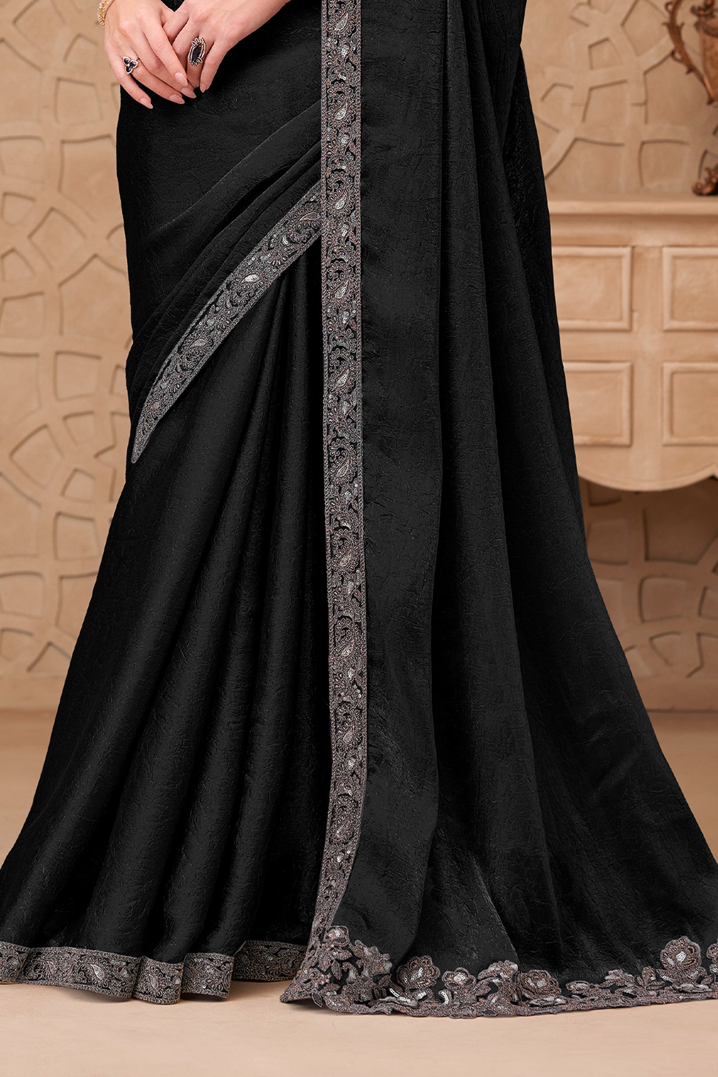 Black Embroidered Crush Satin Georgette Saree-SAR12461_5_SareeButa.com