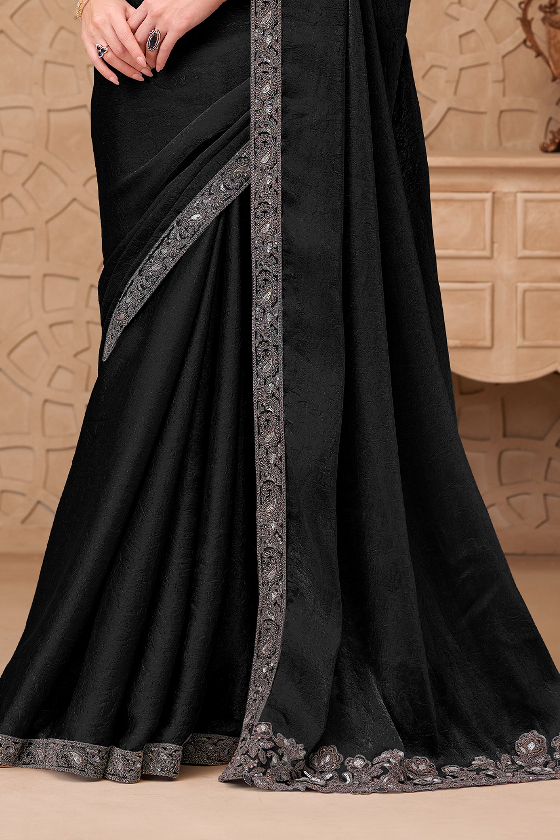Black Embroidered Crush Satin Georgette Saree-SAR12461_5_SareeButa.com