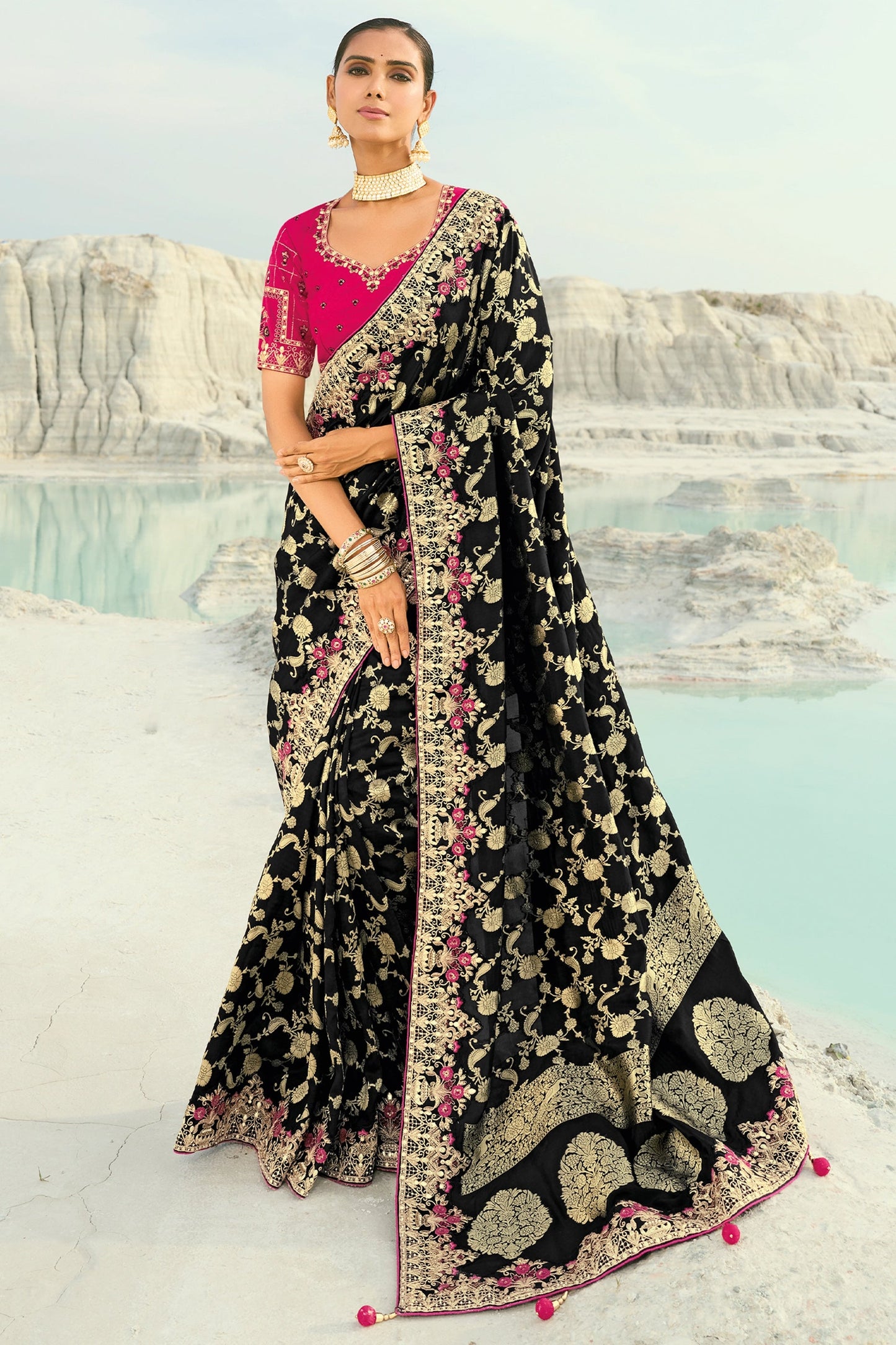 Black Embroidered Dola Viscose Saree-SAR10820_1_SareeButa.com