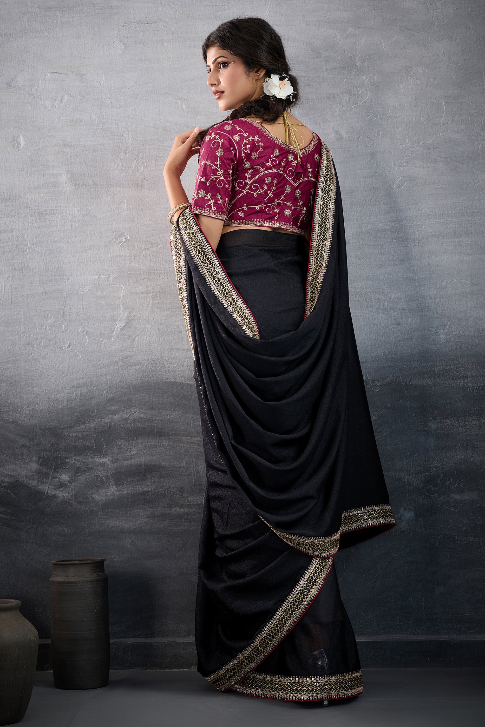 Black Embroidered Georgette Saree-SAR10606_3_SareeButa.com